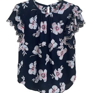 Ann Taylor Floral Ruffle Sleeve Top - Blue, White and Pink